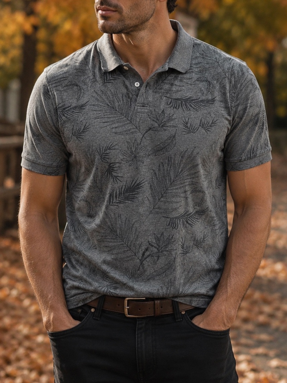 George Gray Leaf Print Polo Shirt Size XL